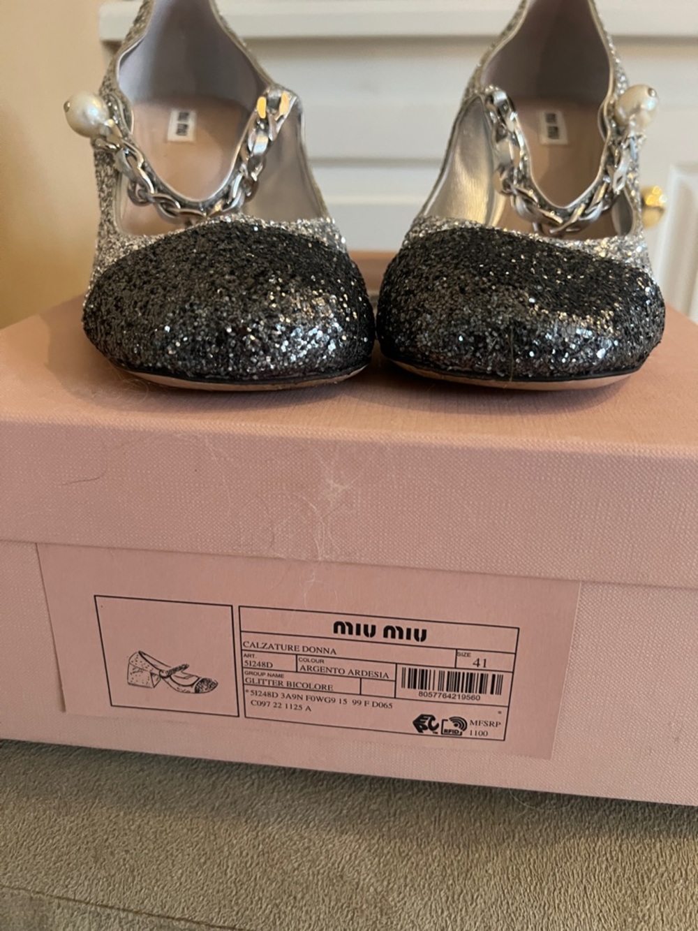 Miu Miu Silver and Charcoal Glitter Pearl-Strap Mary Jane Pumps - Picture 2 of 3